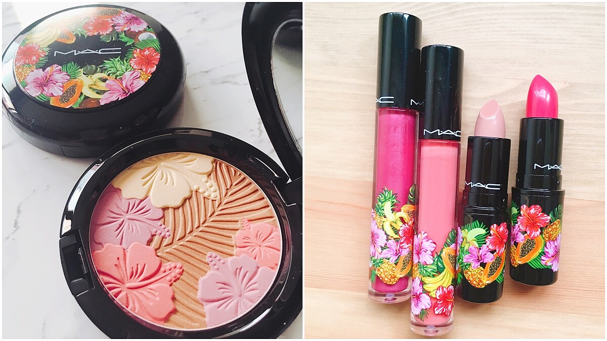 「一打開來是三色的扶桑花，同時擁有粉霧、絲光與珠光」外包裝點綴著木瓜、鳳梨圖案的這塊M.A.C花漾修容餅好夏天