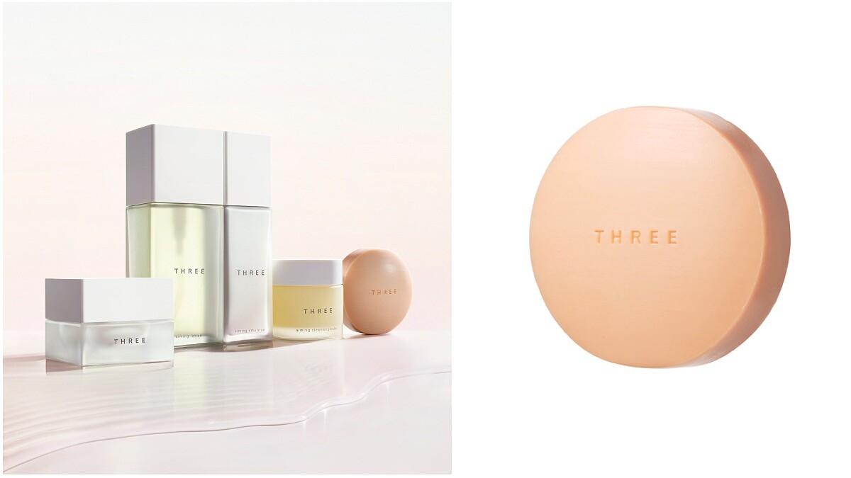 居然是淡玫瑰花粉色的洗顏皂！THREE超療癒的全方位保養極致活顏系列誕生