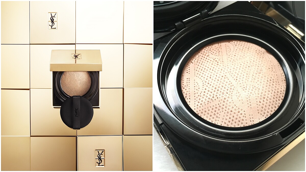細緻蕾絲氣墊隔網、雙拼粉撲，輕輕撲上就是光感，只有YSL能超越YSL的超模光氣墊粉餅