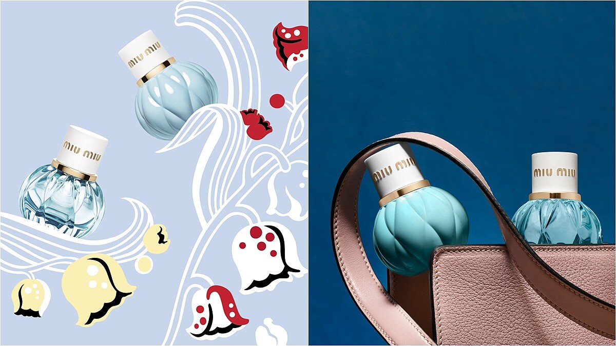 藍色皺褶圓瓶身、白色鑲金字瓶蓋…miu miu淡香精、春日花園淡香精變迷你後更加可愛