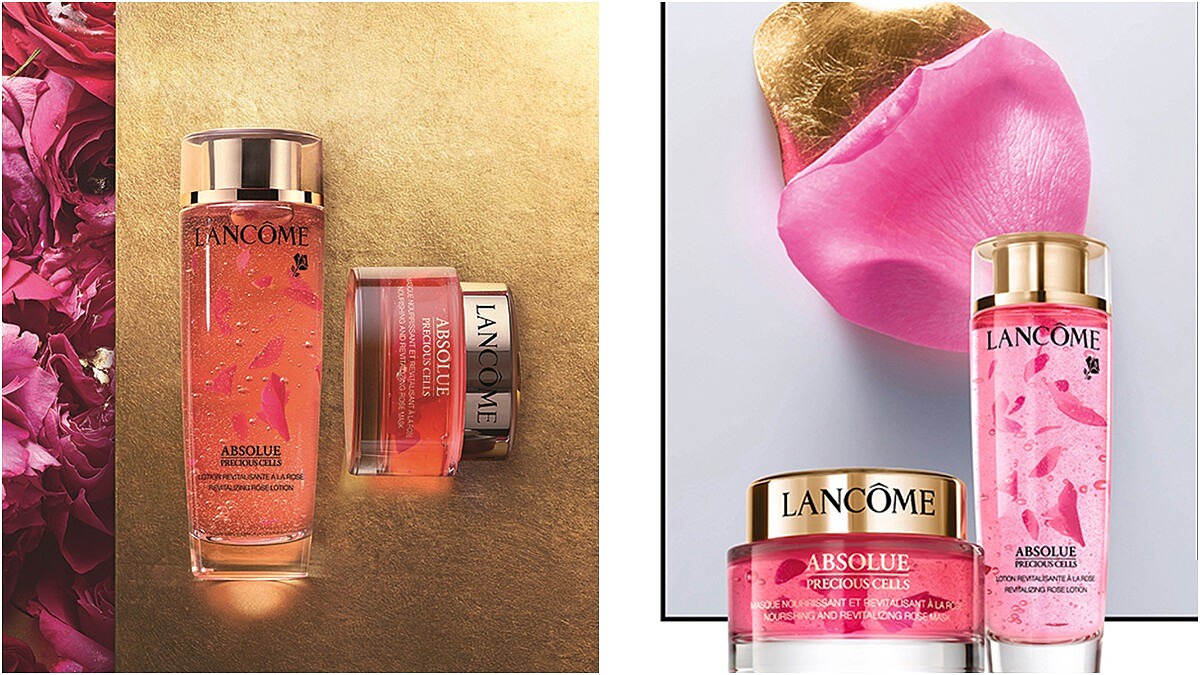 透明瓶身看得見一片片玫瑰花瓣灑落好夢幻！注入99%玫瑰純露的玫瑰花瓣精露、玫瑰花瓣面膜更能幫肌膚鎖水、補水，膨潤效果也更明顯