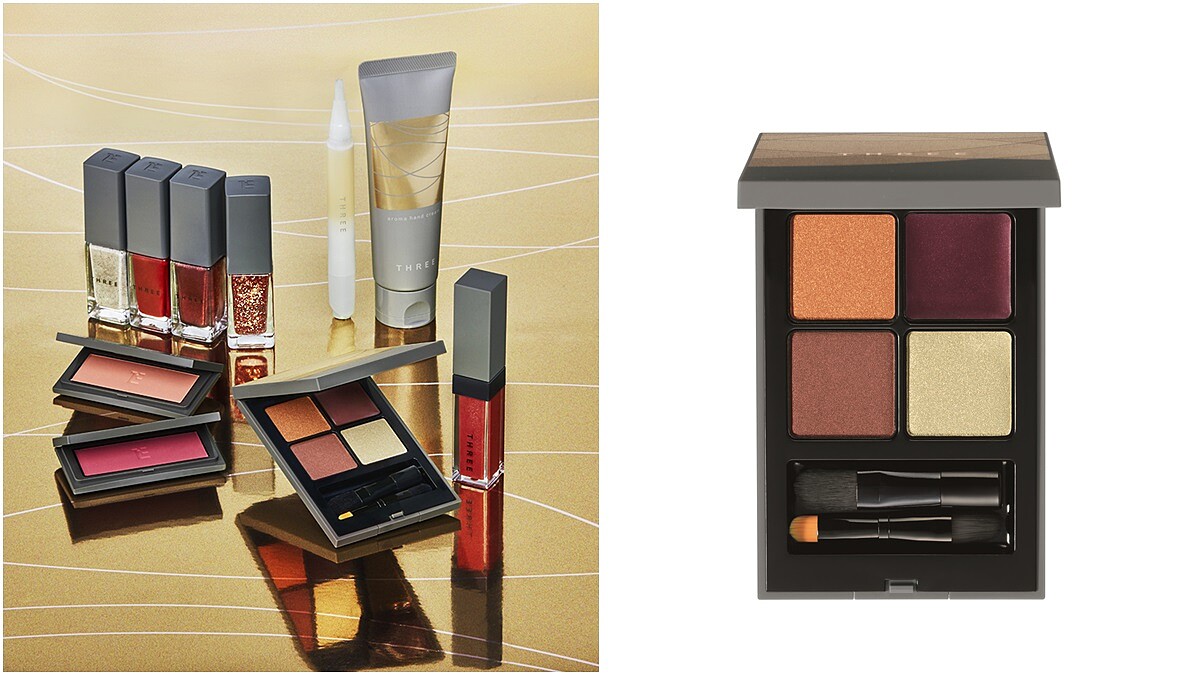 翩翩飛舞的紅葉落在雙眸和指尖還閃耀著金色珠光，THREE打造紅葉漫舞秋季限定彩妝組