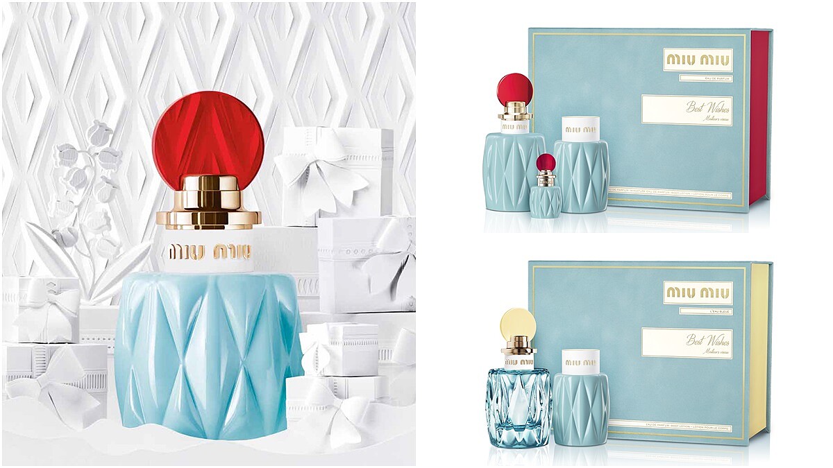 水藍色搭配金色滾邊，這本童話故事也太夢幻！Miu Miu最新聖誕禮盒曝光，除了香水還有同樣大小的身體乳液