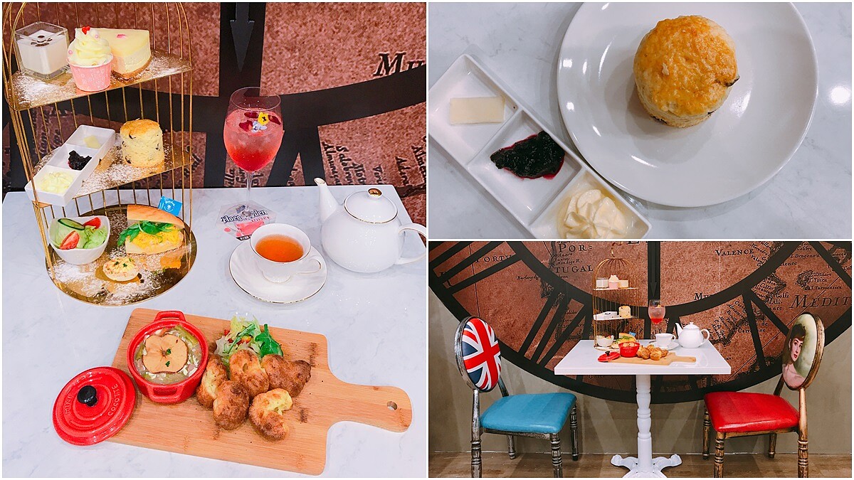 「金色鳥籠三層下午茶，獨家秘方經典司康」從淡水來到東區的《英國奶奶下午茶》整間店都是英國街頭風格