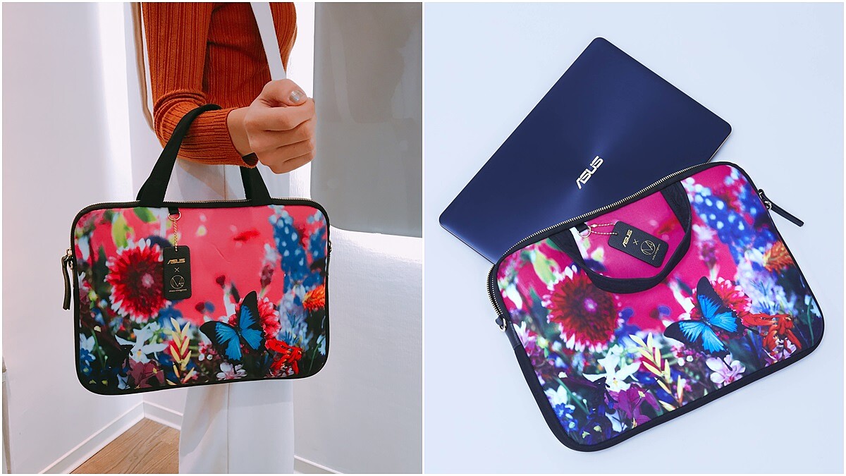 「玫瑰金ZenBook搭配繽紛蝴蝶保護殼超級生火」可以肩揹和手提ASUS X蜷川實花二代聯名筆電包不只絕美還很實揹