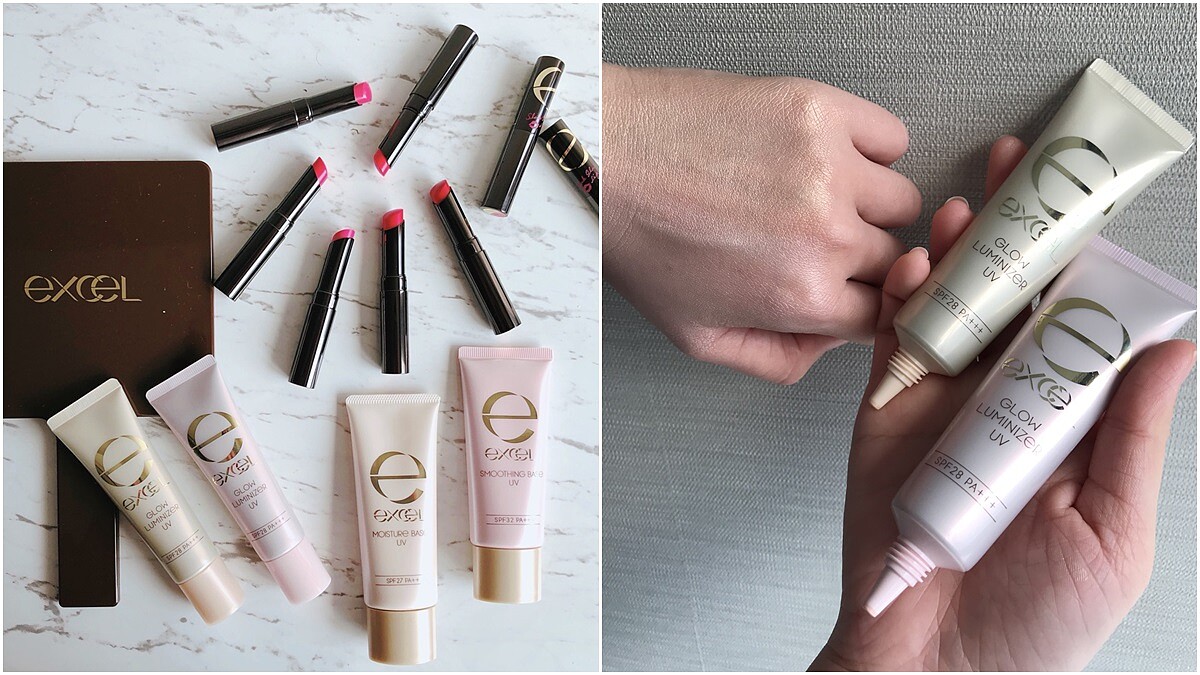 是玫瑰粉和古銅金的裸光妝感!加了6種超微粒珠光的「炫采光透妝前乳」抹完再平的臉都會很立體