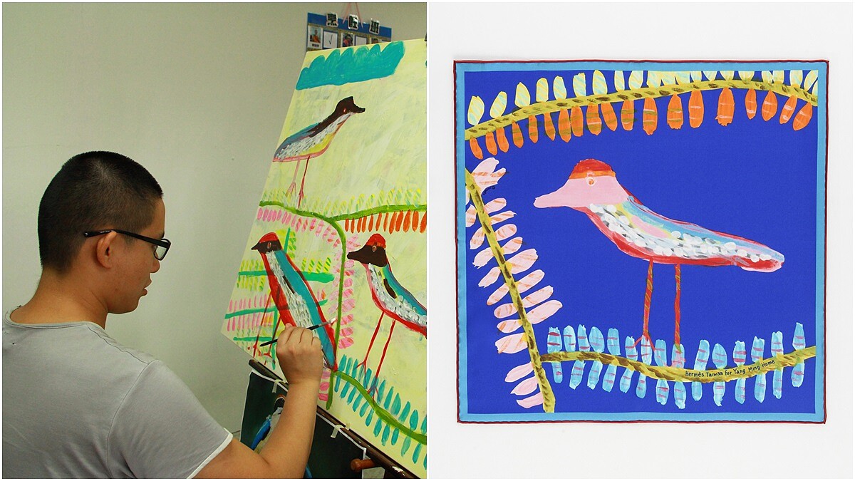 「不擅言語溝通的他，用畫筆傳達對生命的熱情」愛馬仕攜手身心障礙藝術家周帝全，做出台灣獨家的八色鳥限量絲巾