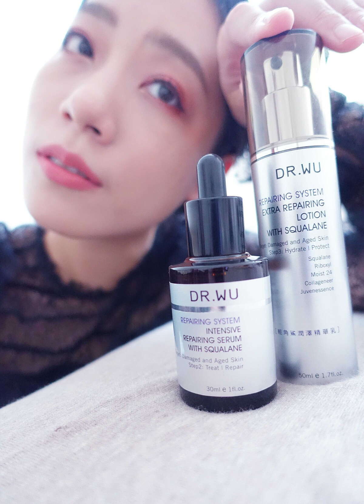 DR.WU角鯊潤澤修復精華+DR.WU輕角鯊潤澤精華乳成分含高濃度植萃角鯊烷,加強肌膚表面的修復,抵抗熟齡肌