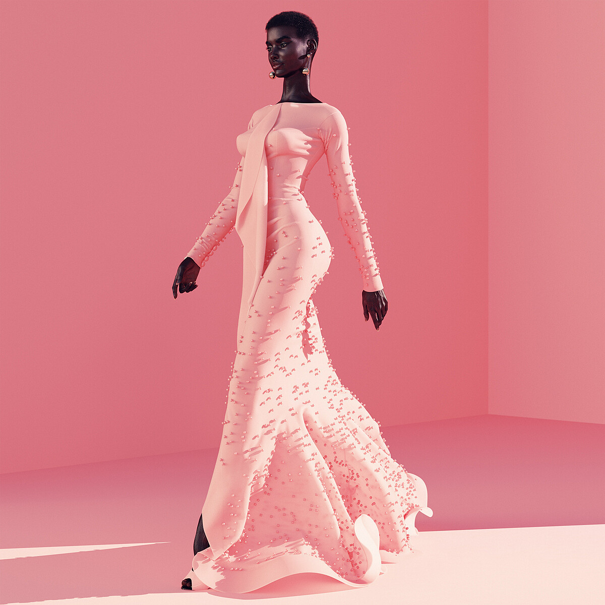 （虛擬超模 Shudu 身穿設計師華服走上伸展台，展現惟妙惟肖的絕美身影。）