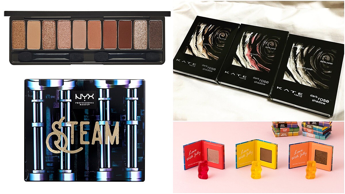 #金莎黑可可、#咖啡特調、#溫暖棗色、#楓葉紅全都是秋冬必備色！too cool for school果凍眼影書、KATE深玫絲絨眼影盒、Etude House現磨咖啡特調眼彩盤、NYX金屬龐克眼彩盤