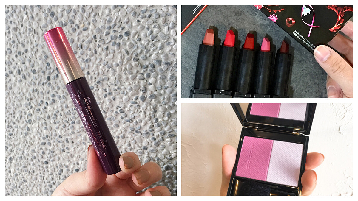 uka彩色指甲底油、SUQQU日本梅田限定草莓大福腮紅、KISSME輕甜曖昧莓果紫睫毛膏、資生堂摩霧5色唇膏、THREE限量彩粧盒…這些日本已缺貨 台灣才買得到的年終人氣限定美妝！