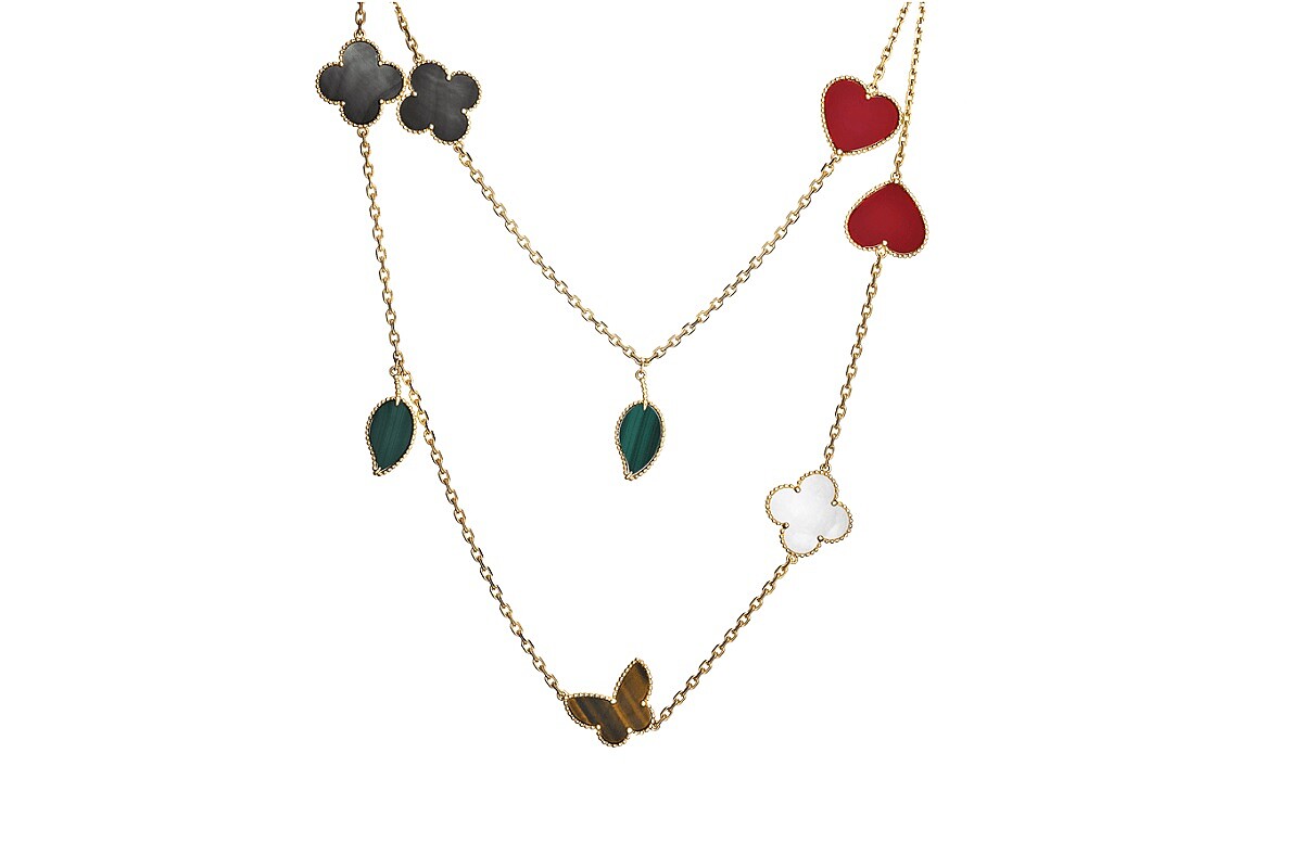 Lucky Alhambra白K金手鍊，白色珍珠母貝、灰色珍珠母貝、青金石、綠松石4枚墜飾。