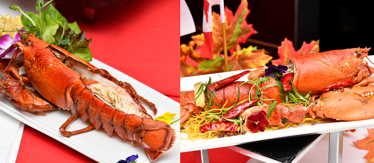 炙烤龍蝦佐檸檬奶油醬(左) XO醬爆炒加拿大龍蝦(右)