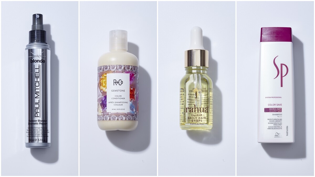 Paul Mitchll漂染損傷修護液，NT1,000。R+Co 鑽石護色護髮劑，NT900。Rahua花妍金緻活化能量精露，NT4,200。SP定色光感潔髮乳，NT990。