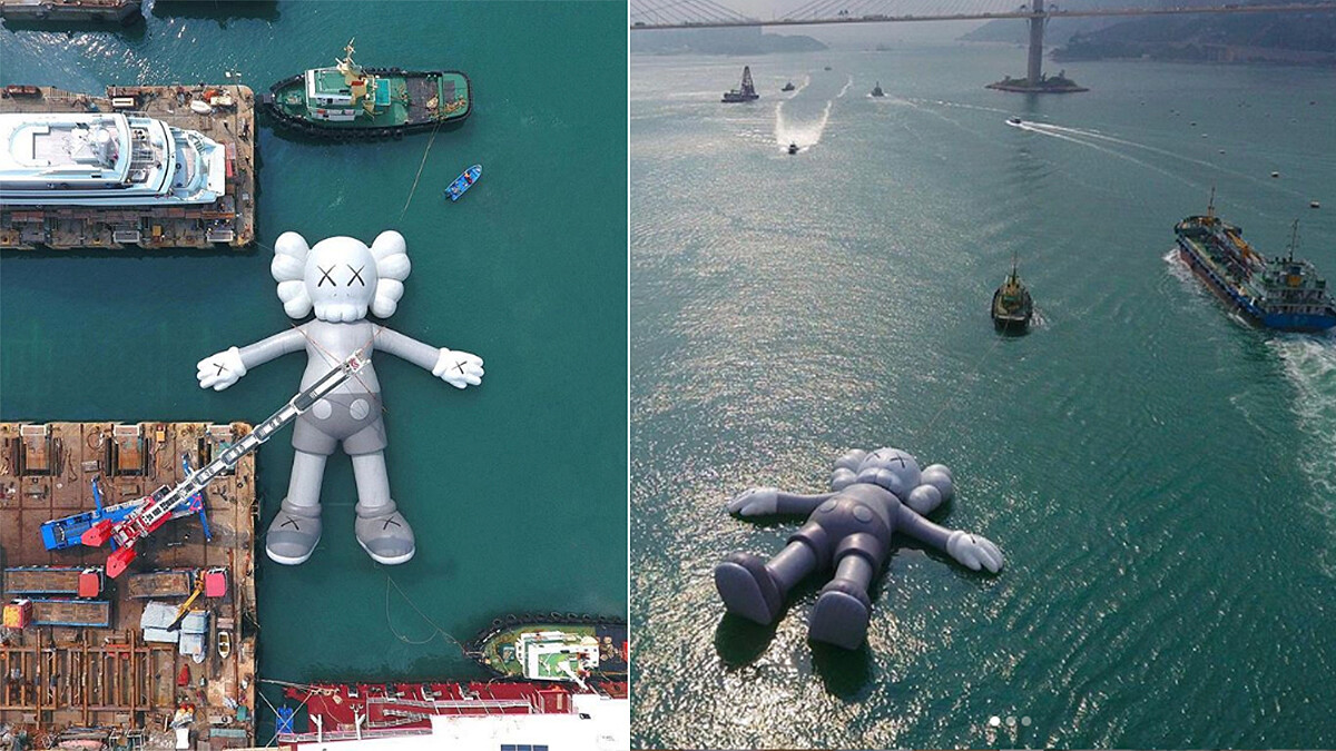 太悠閒啦～跟著 KAWS 公仔一起漂浮在香港維多利亞港