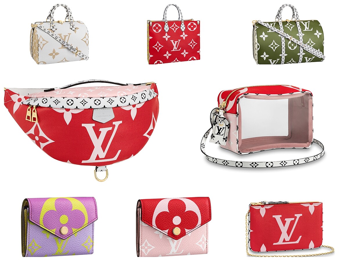 左上乳白色Speedy，NT65,000；中上紅色方形Tote Bag，NT79,000；中間左邊紅色腰包，NT66,500；中間右邊小包，NT29,900；左下、中下，錢包，各NT17,300；右下LOGO鍊帶方包，NT34,600。