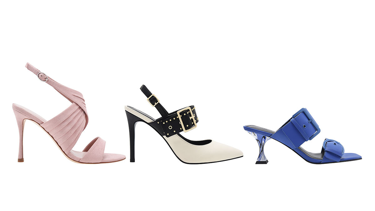 交叉帶高跟涼鞋NT1,990、鉚釘尖頭高跟鞋NT1,790、雙扣環拖鞋NT1,690