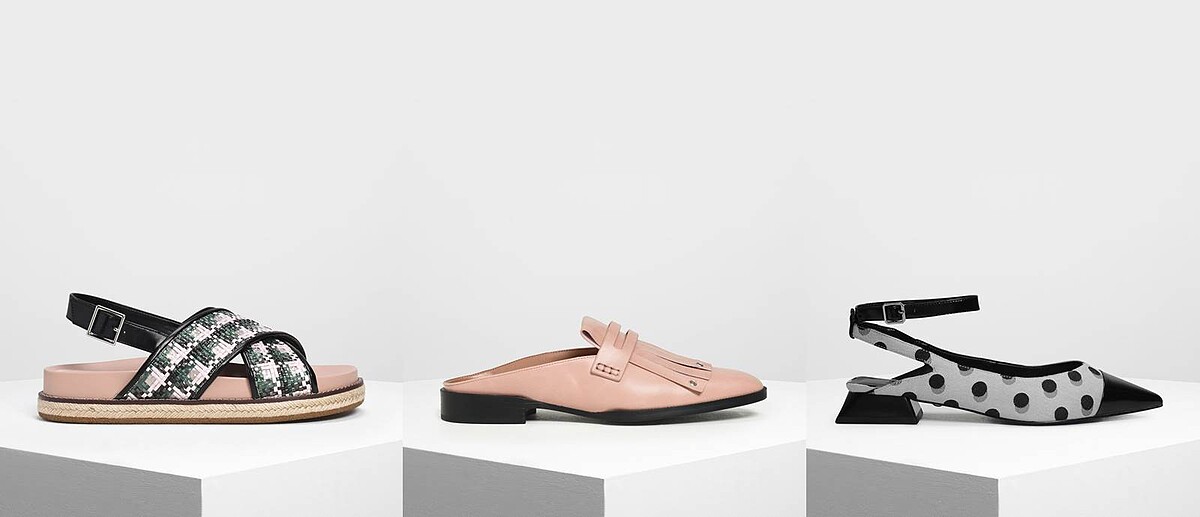 草編交叉帶涼鞋NT1,790、流蘇平底穆勒鞋NT1,690、點點繞踝粗跟鞋NT2,390