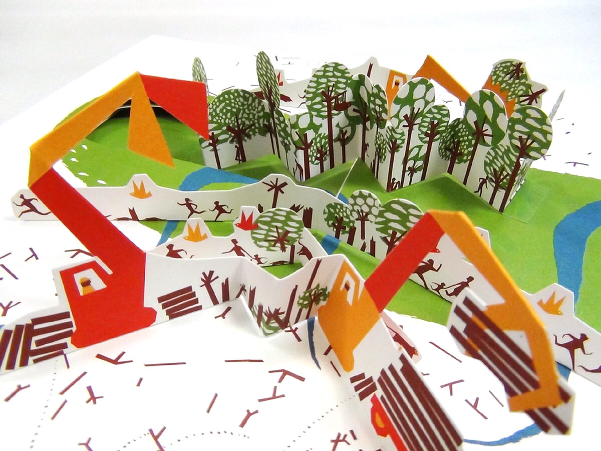 被譽為法國最美麗立體書的《樹懶的森林》以減法概念設計,翻頁即能看見樹林減少、河道改變,喚起讀者對地球資源消耗的警覺與關。