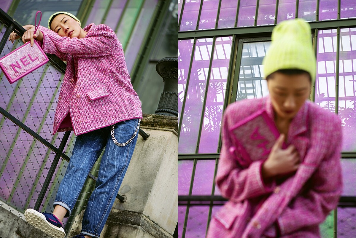 桃紅色斜紋軟呢外套、洗色丹寧褲、撞色休閒鞋、桃紅色手拿包、長鍊作腰鍊使用，all by Chanel；螢光黃毛帽，孫怡私物。