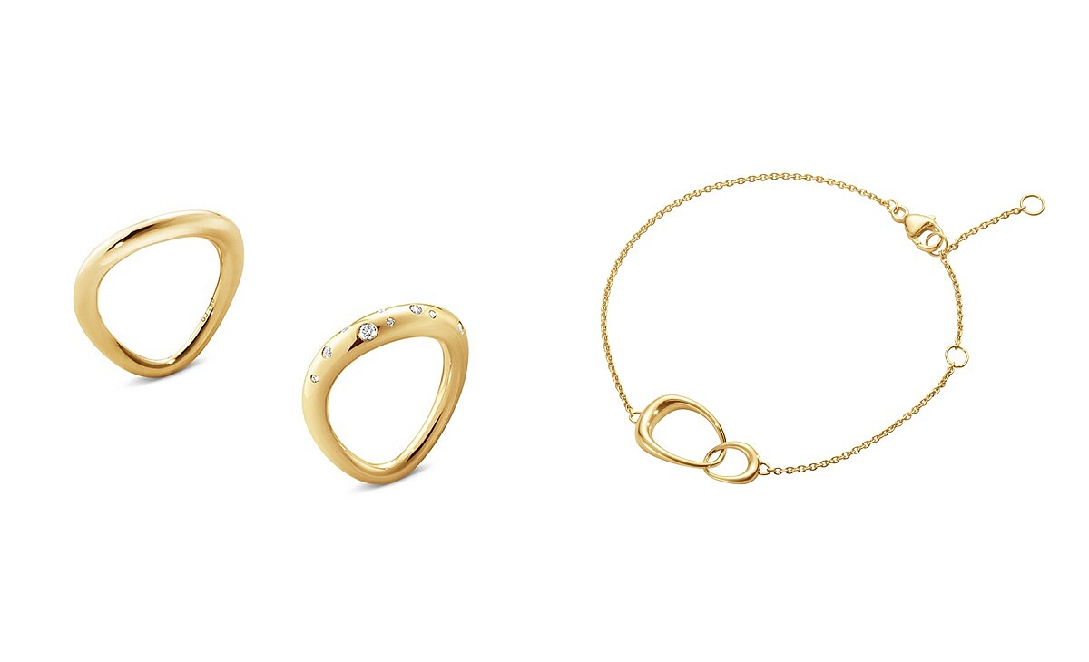 GEORG JENSEN OFFSPRING系列：18K黃金戒指、18K黃金鑽石戒指、18K黃金手鍊。