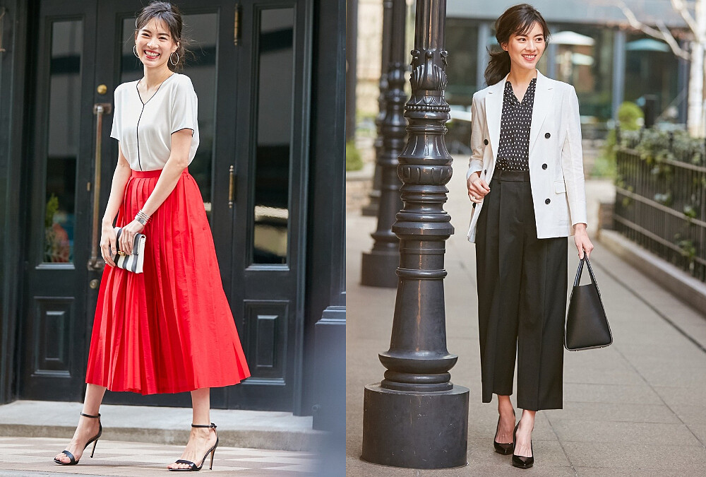 滾邊配色針織衫、百褶長裙、白色雙排釦西裝外套、點點印花襯衫、打褶寬管褲all by ICB