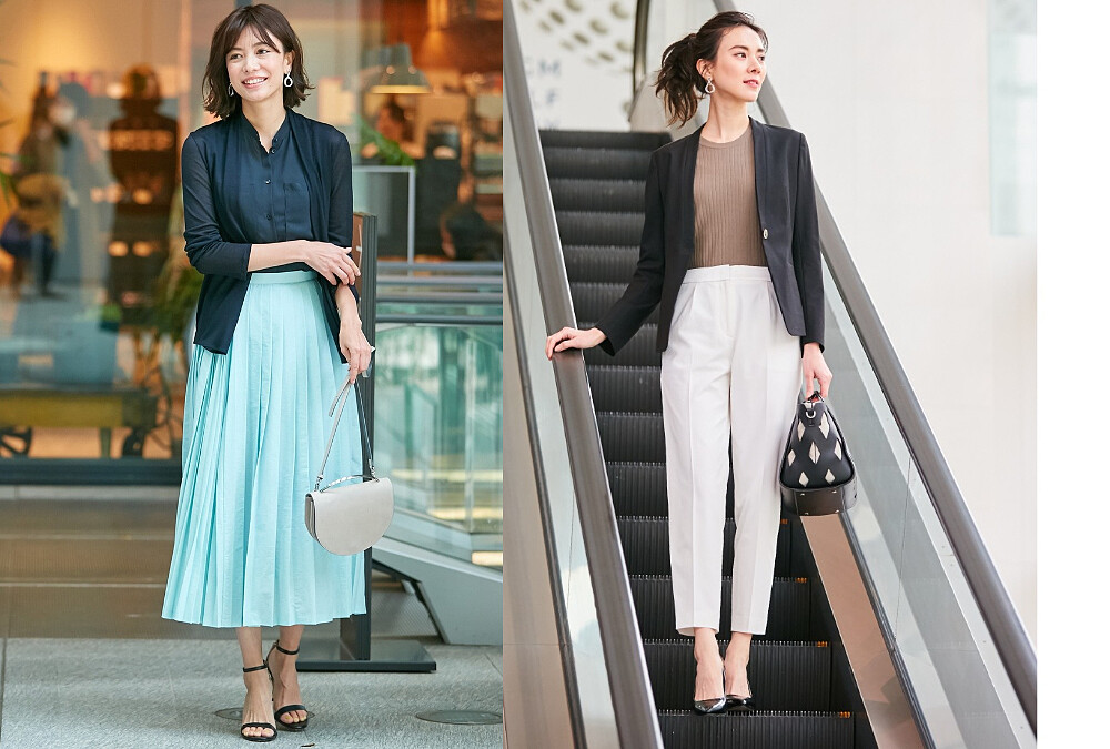 輕感外罩衫、深藍無袖襯衫、湖水綠百褶長裙、無領黑色西裝外套、駝色圓領針織上衣、白色八分褲all by ICB