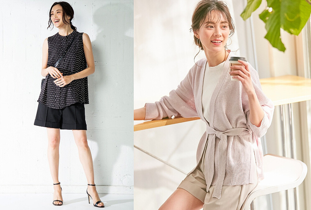 點點印花無袖雪紡襯衫、黑色反摺短褲、細帶肩背包、亞麻綁帶針織外套、米色短褲all by ICB