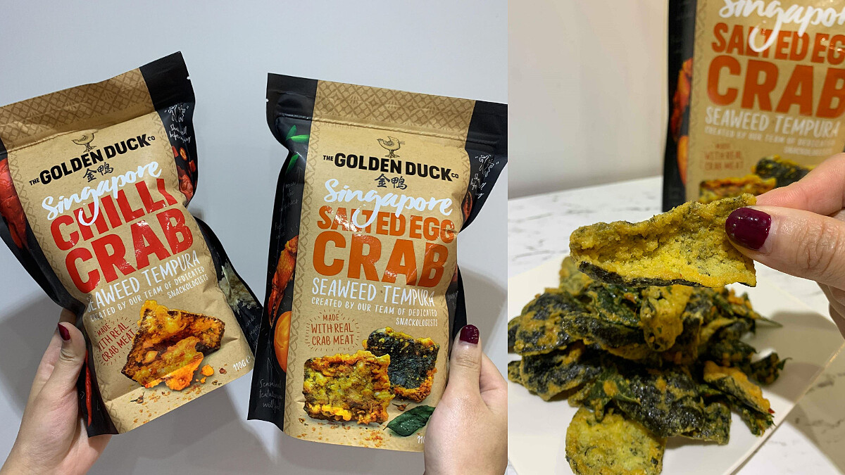 零食控快買起來！超夯新加坡伴手禮金鴨2款新口味來了，「鹹蛋黃蟹天婦羅紫菜」、「辣椒蟹天婦羅紫菜」台灣買得到