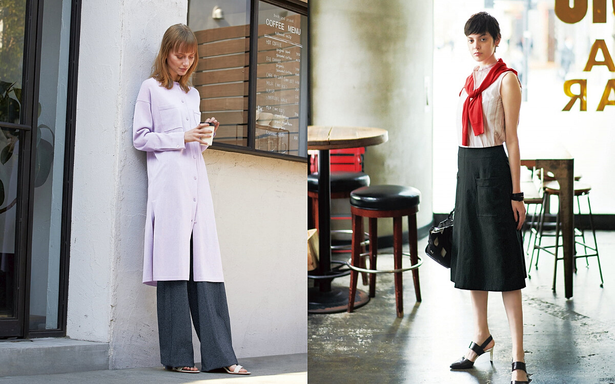 針織口袋長罩衫、丹寧灰藍色長寬褲all by ICB.紅色針織衫、條紋圓領無袖襯衫、口袋A字及膝裙、尖頭跟鞋all by ICB