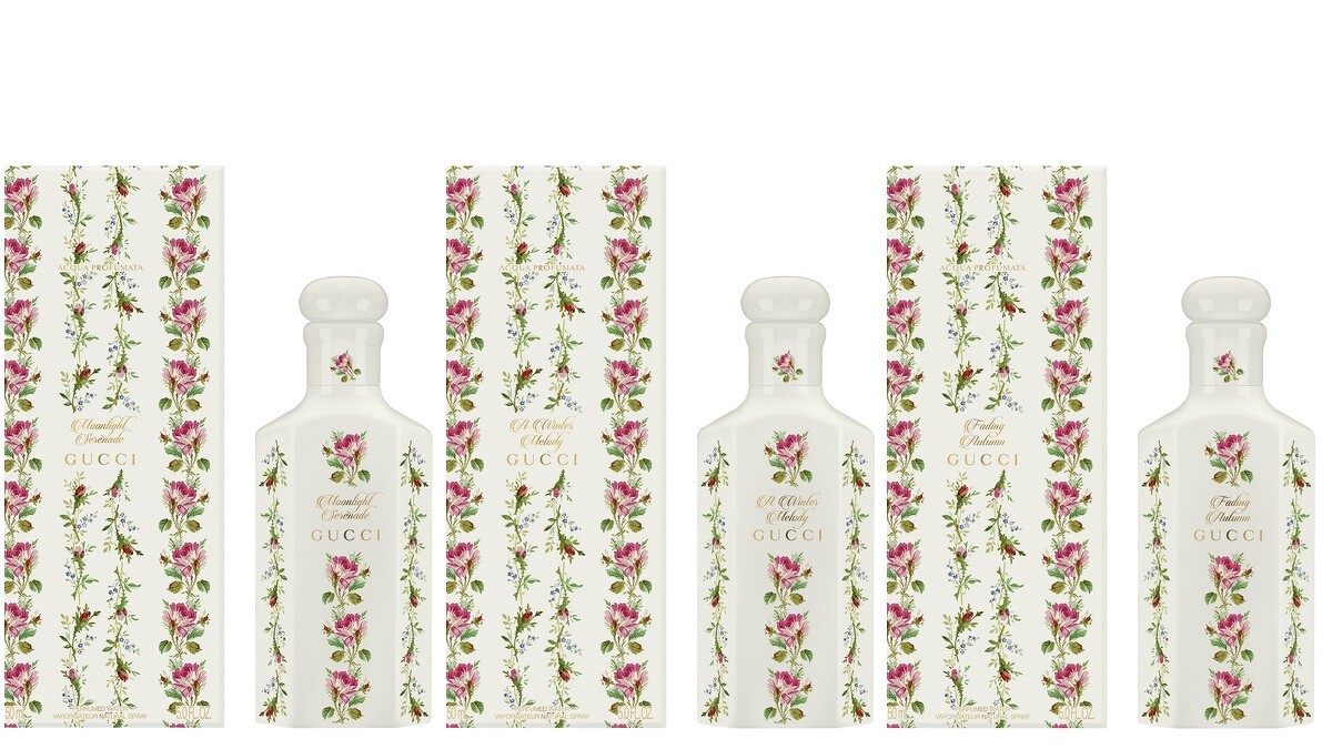 3款香氛純露被盛裝在特別打造的白瓷瓶中，上頭印製著Gucci極為女性及個性化的粉紅玫瑰印花。