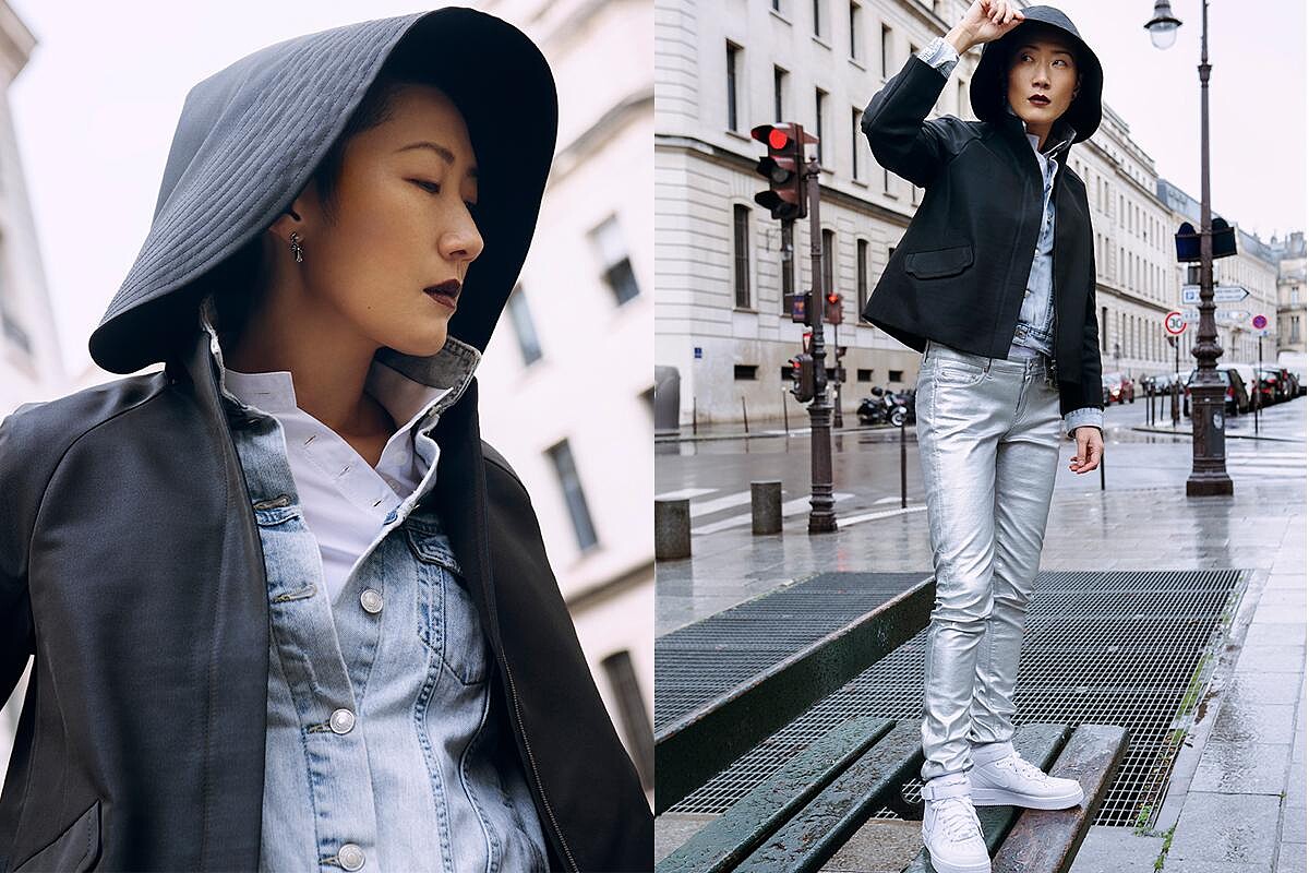 黑色連帽外套、白色中式剪裁襯衫，both by 夏姿；丹寧外套、銀色長褲、白色球鞋，孫怡私有。