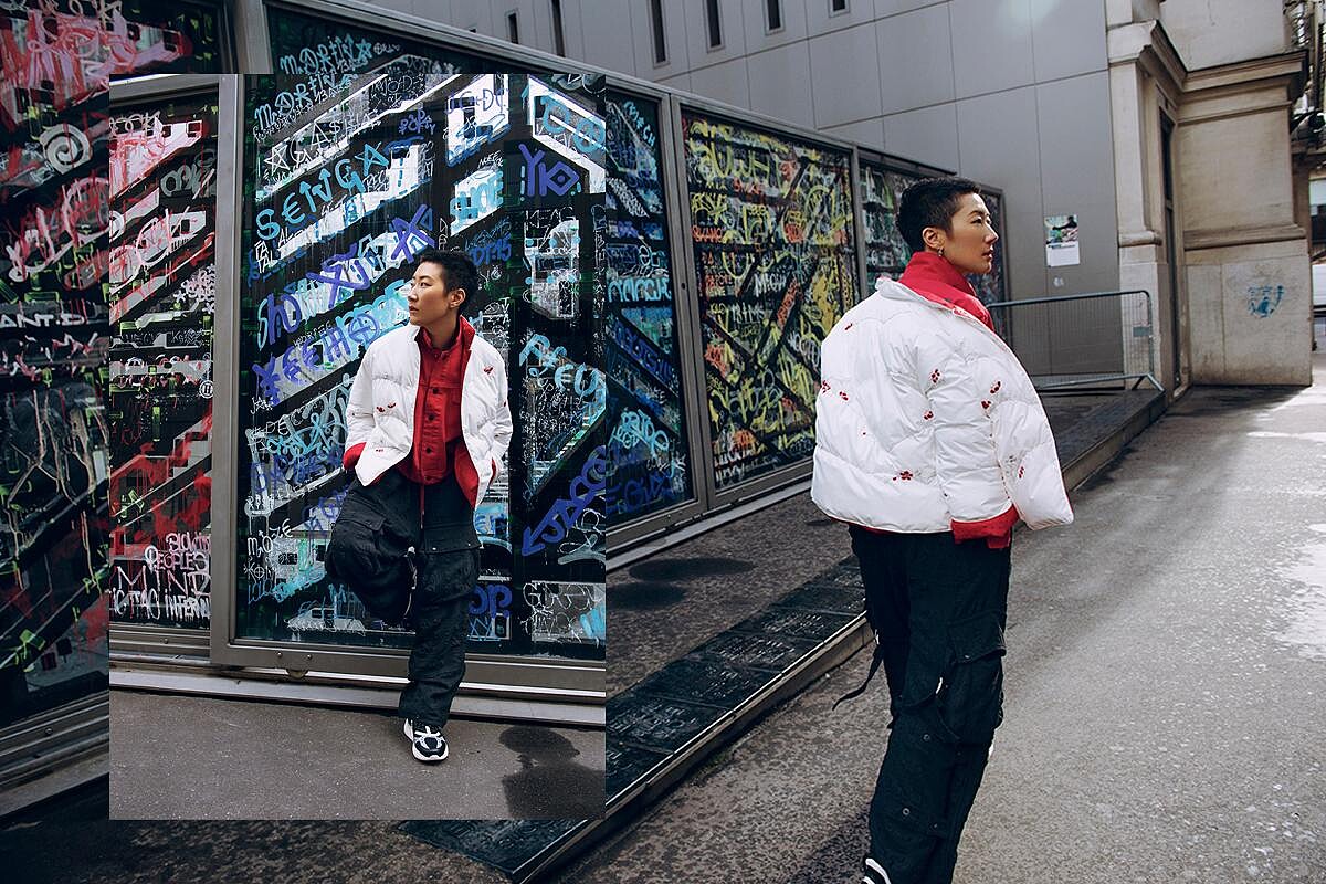 刺繡裝飾羽絨外套、球鞋，both by 夏姿；紅色丹寧外套、工作褲，孫怡私有。