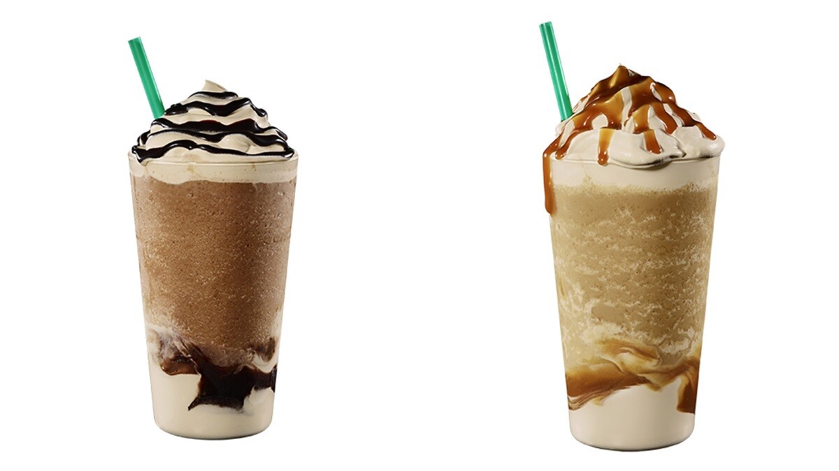 (左)濃巧克力咖啡星冰樂、(右)濃焦糖咖啡星冰樂