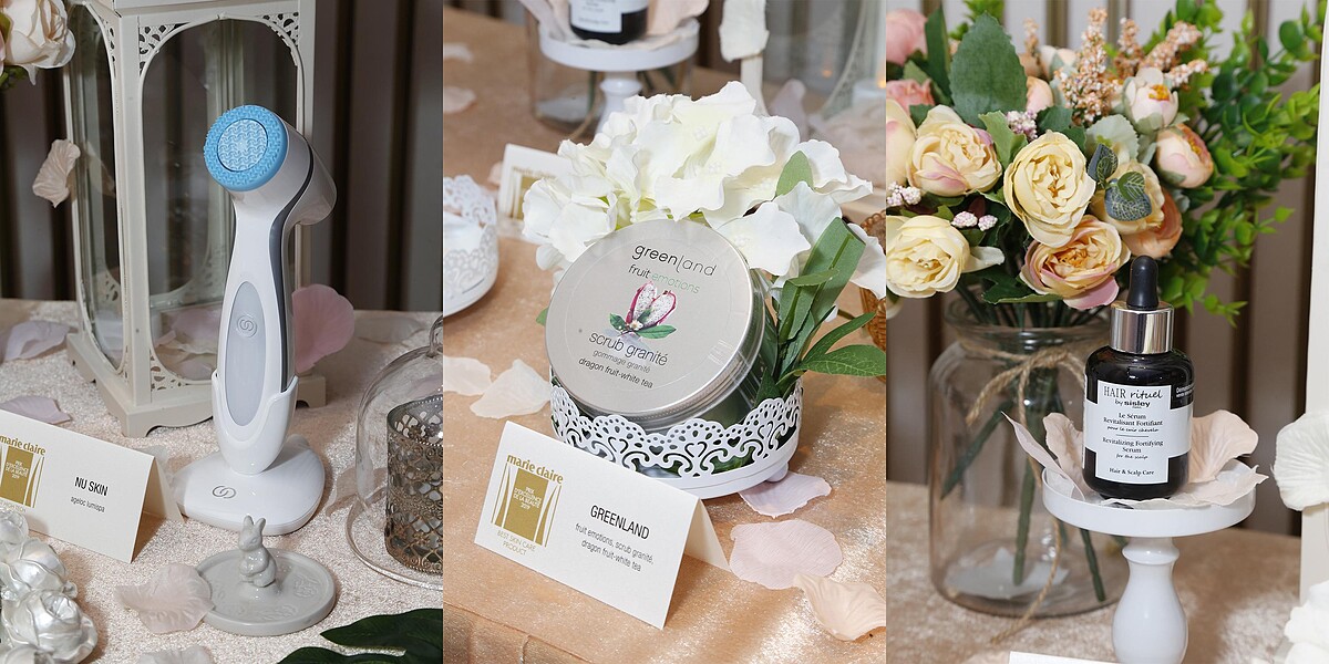 左起：NU SKIN ageLOC LumiSpa新動機、Greenland 火龍果白茶去角質凝膠、Hair Rituel 賦活重生髮精華