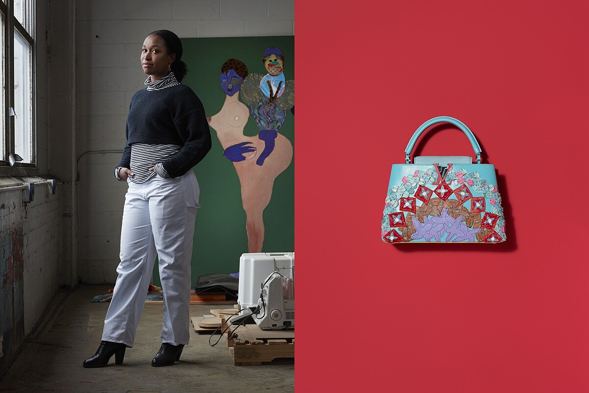 Tschabalala Self 與他為 LV 打造的 Capucines 包款。