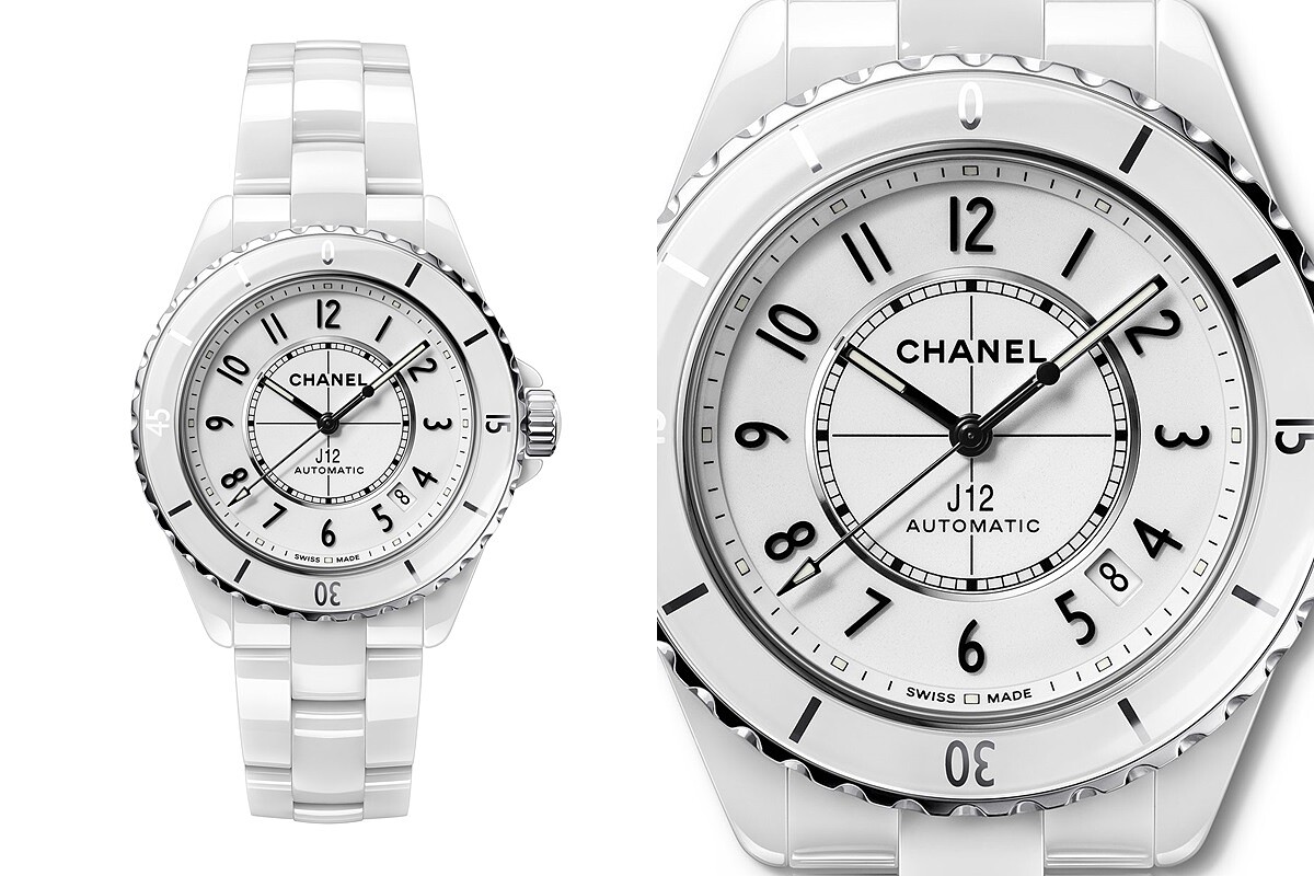 白色J12抗磨精密陶瓷搭配精鋼錶殼腕錶 ，Chanel。