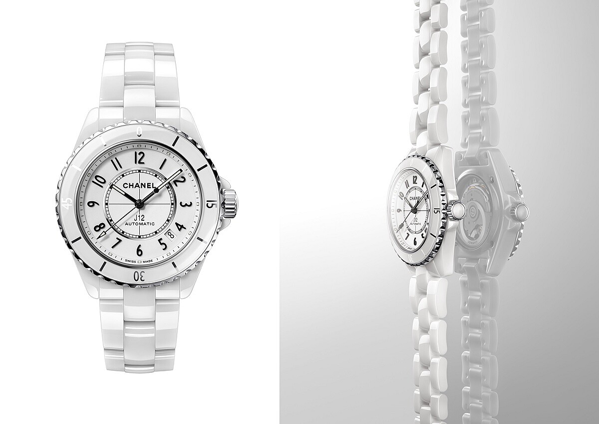 白色J12抗磨精密陶瓷搭配精鋼錶殼腕錶 ，Chanel。