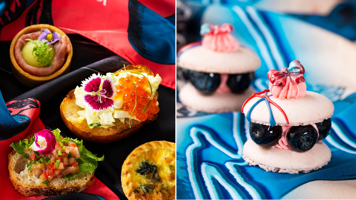 (左)經典綜合義式鹹點(右)蝴蝶結粉紅藍莓馬卡龍