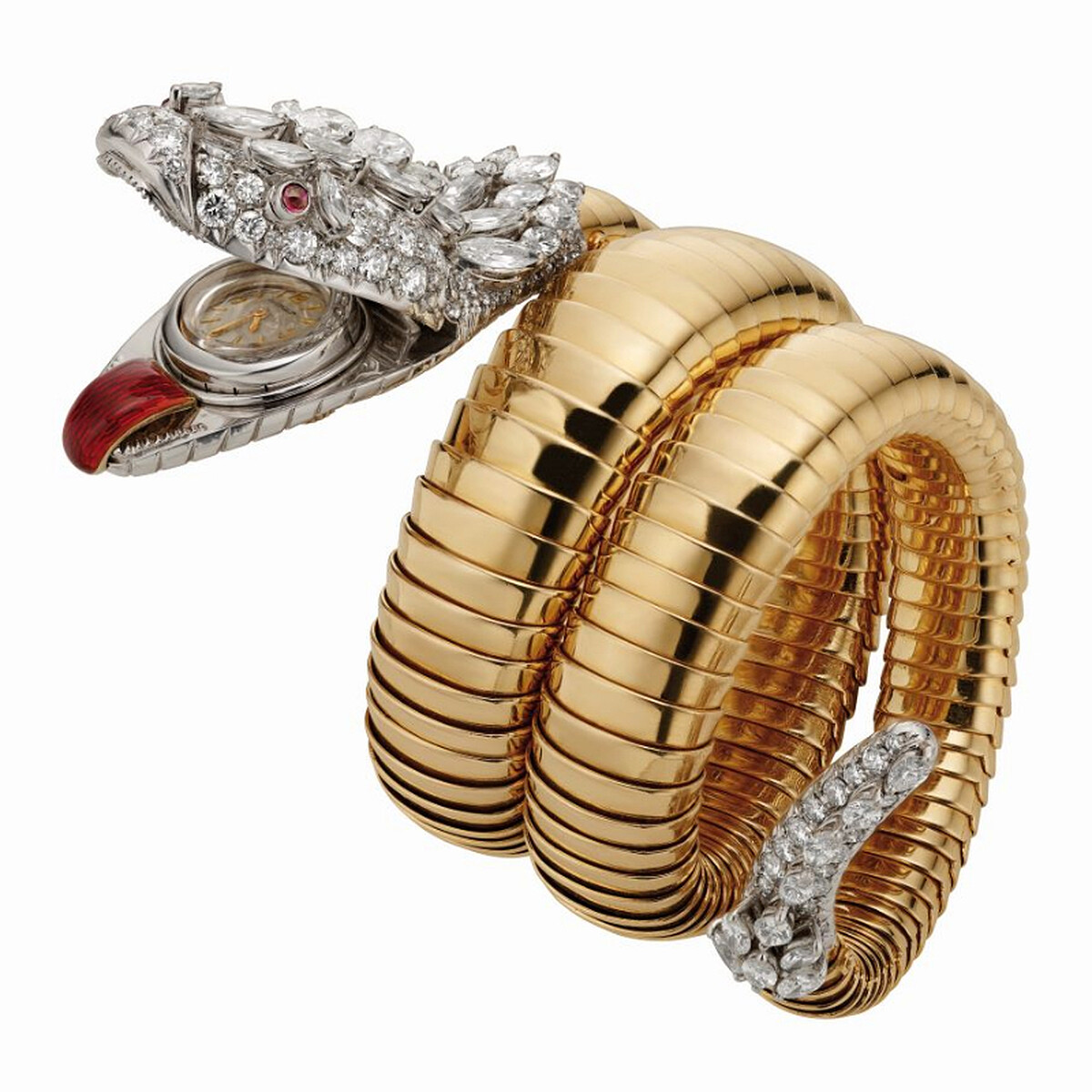 創作於1958年的BVLGARI Heritage典藏系列Serpenti Tubogas黃金與鉑金手鐲腕錶,私人收藏。