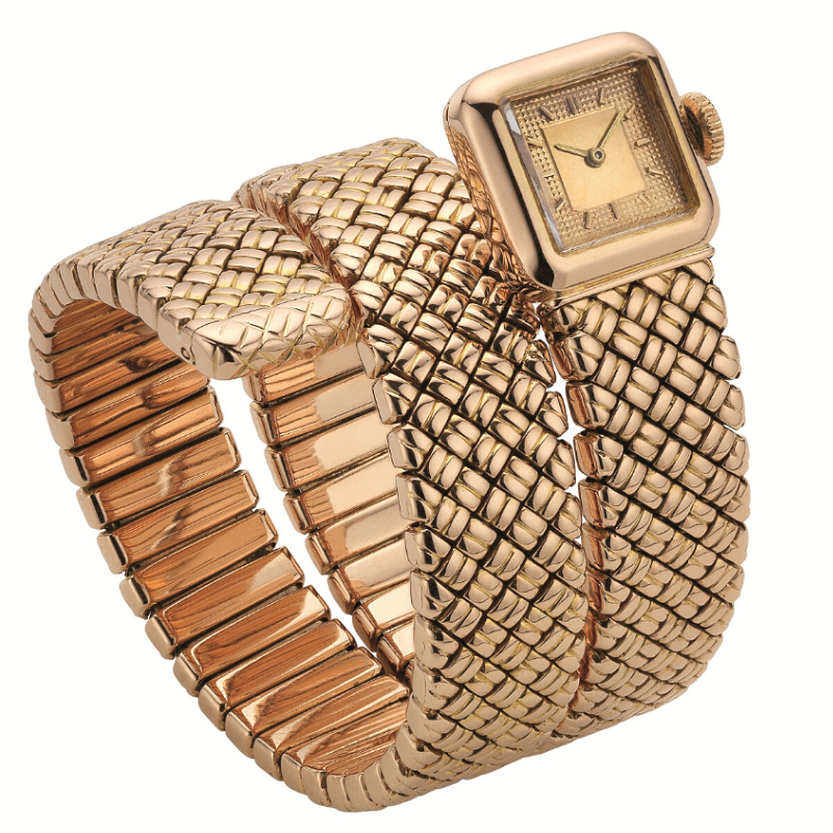 風格簡約的BVLGARI Serpenti玫瑰金手鐲腕錶,創作於40年代。