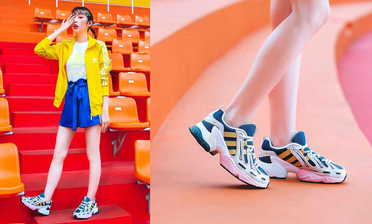 寶藍緞面花苞運動短褲NT1,890,白色螢光LOGO短TEE,NT1,090,鮮黃運動外套NT2,890,全新EQT GAZELLE撞色鞋款NT3,890