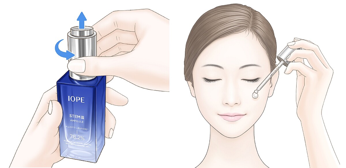 向右旋轉蓋子，精華會自動填充於滴管內；將精華直接滴在臉頰與額頭，比起滴取在手上更能有效吸收。