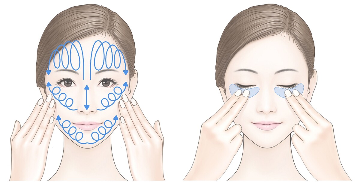 用指尖從面部內側向外側畫圈按摩；用指尖輕壓有助於快速吸收。