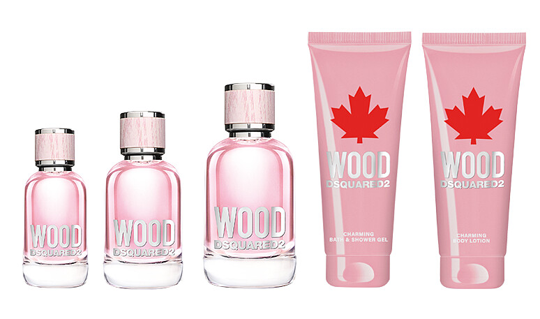 (左至右)WOOD・天性女性淡香水30ml、50ml、100ml，WOOD・天性女性香浴凝露200ml，WOOD・天性女性香體乳200ml