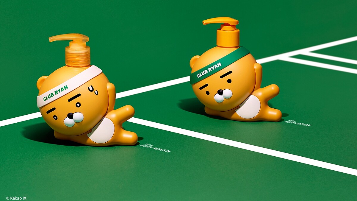 做瑜伽做到滿頭大汗的萊恩太萌了！THE FACE SHOP x KAKAO FRIENDS夏日運動聯名系列，立體造型沐浴乳光看了就開心