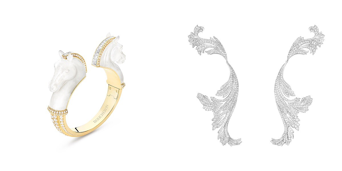 (左)LE CHEVAL DE L'OPERA手環。(右)FEUILLES D'ACANTHE耳環。