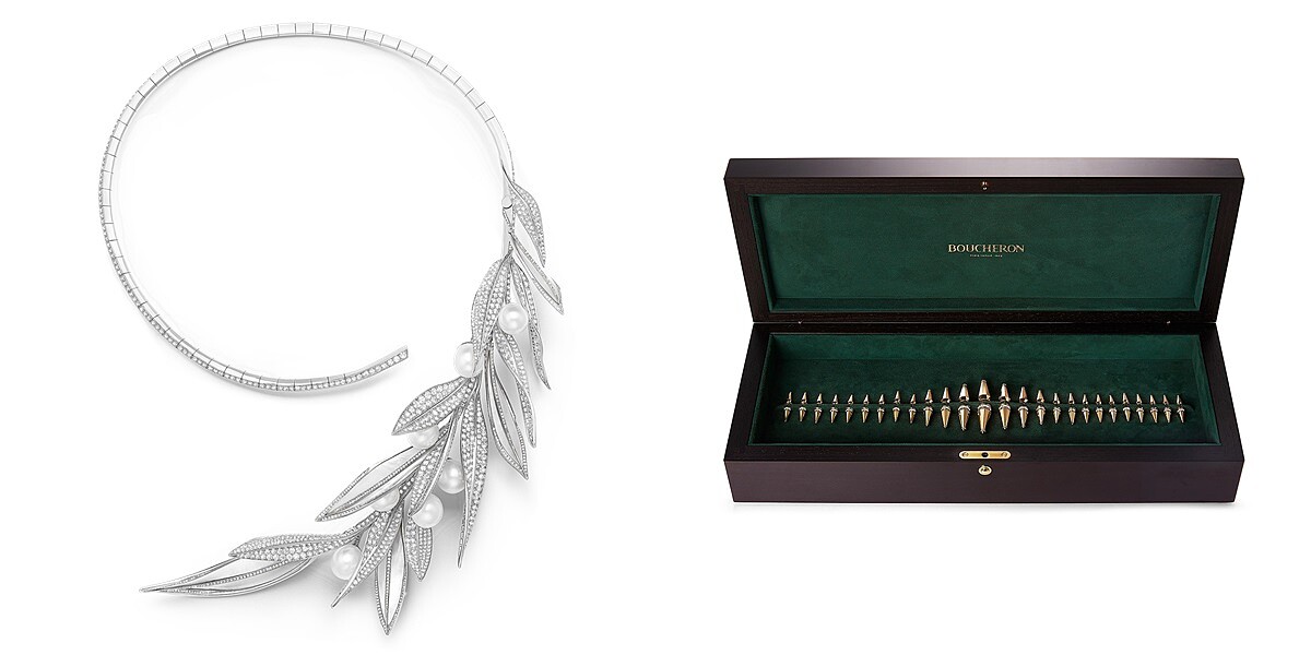 (左)FEUILLES DE LAURIER問號項鍊。(右)Jack Box珠寶組。