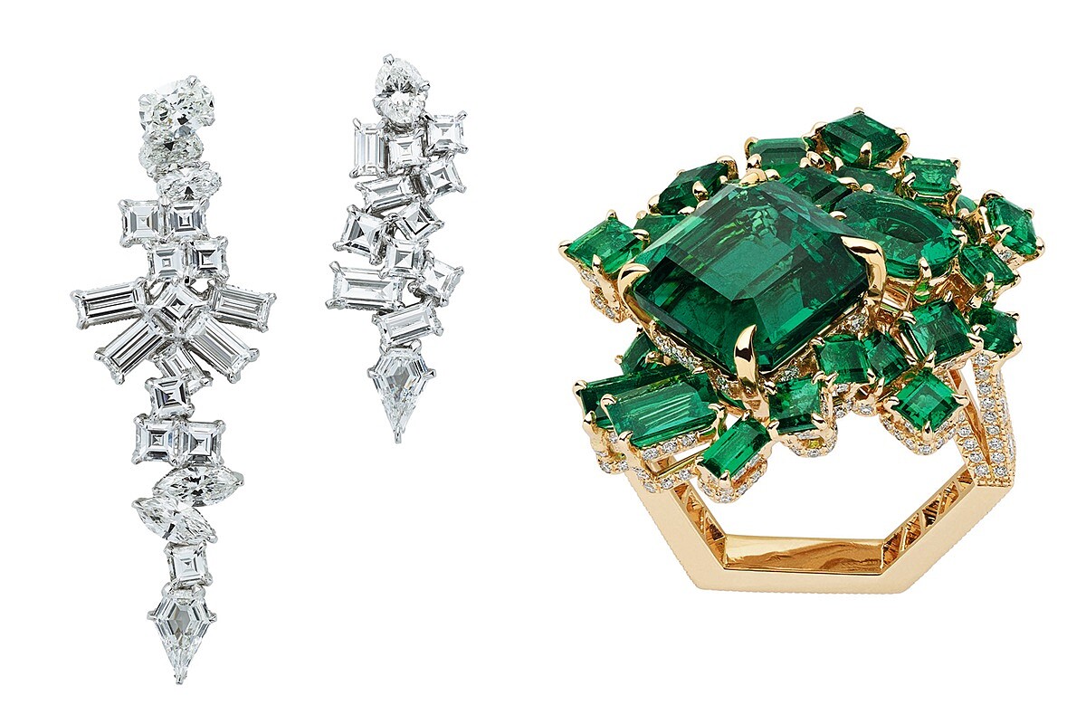 無論是白鑽或是彩色寶石，都在不同的切割與堆疊中，呈現出如在礦脈中結晶的原始樣貌。