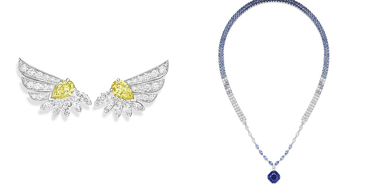 (左)「耀眼驕陽」黃鑽頂級珠寶鑽石耳環。(右)「蔚藍瀑布」藍寶石頂級珠寶鑽石墜鍊。